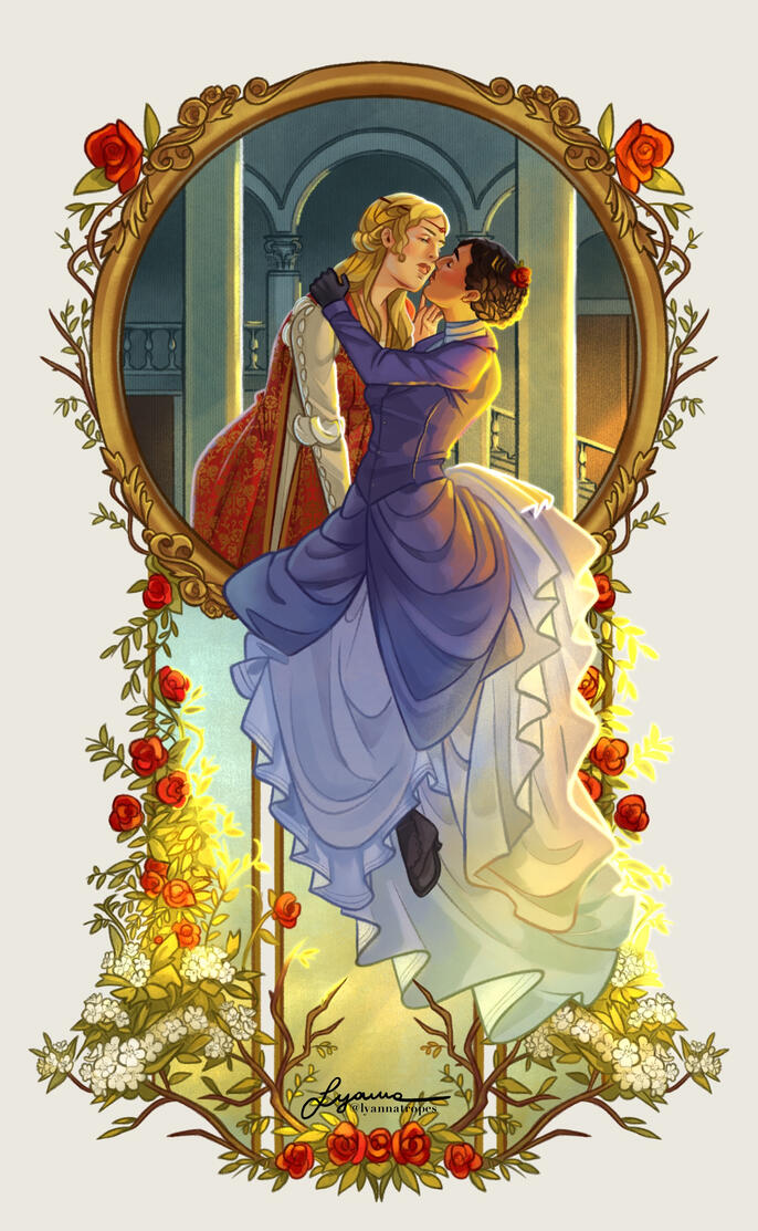 Art Nouveau Illustration, from 230€ Rendered full body character art with a background and elaborate frame.